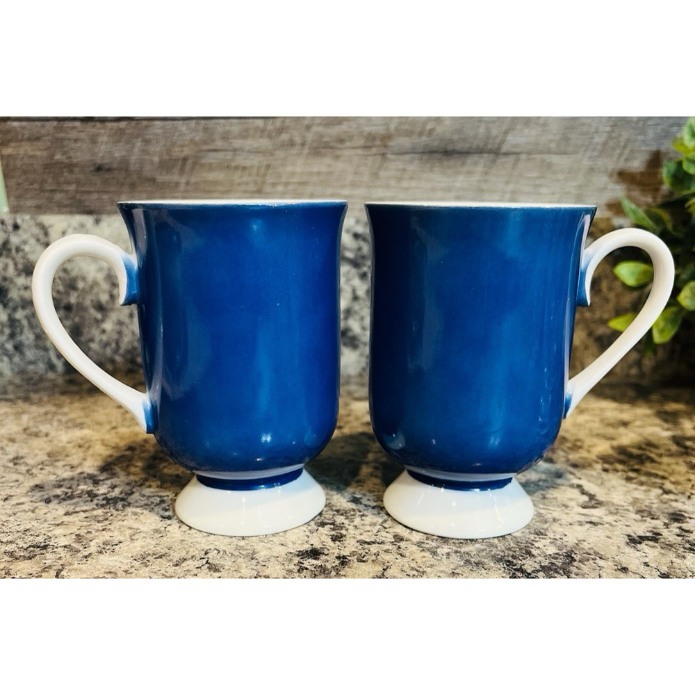 Vintage Pair 2 Pedestal Blue Coffee Mugs Holt Howard MCM Mid-Century Footed 1965